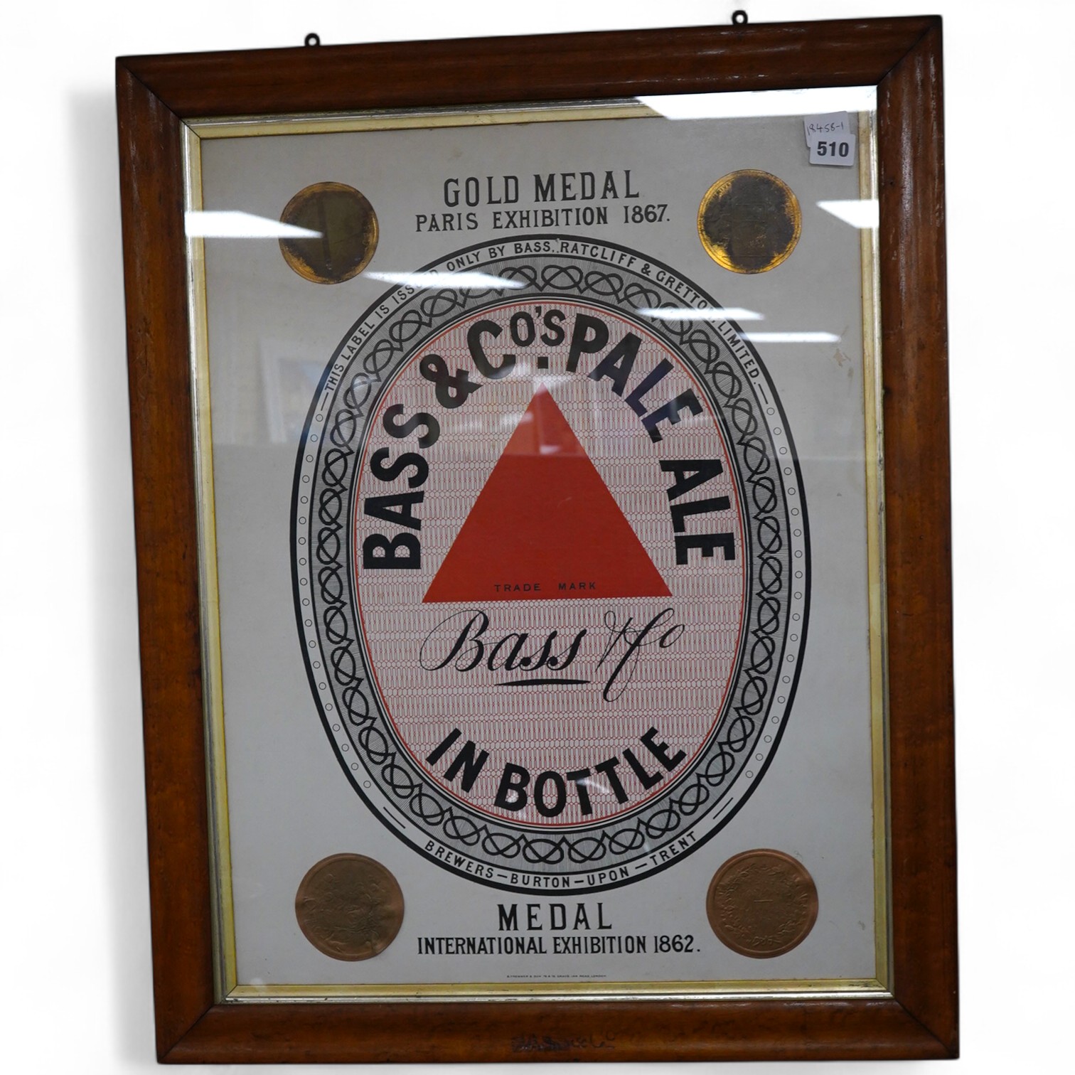 A Bass & Co Pale Ale advertising poster, Gold Medal Paris Exhibition 1867, original maple frame, 75cm high
